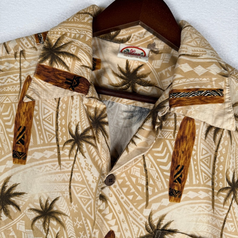 Go Barefoot Hawaiian Shirt Mens L Short Sleeve Camp Collar‎ Palm Tree Tribal AOP